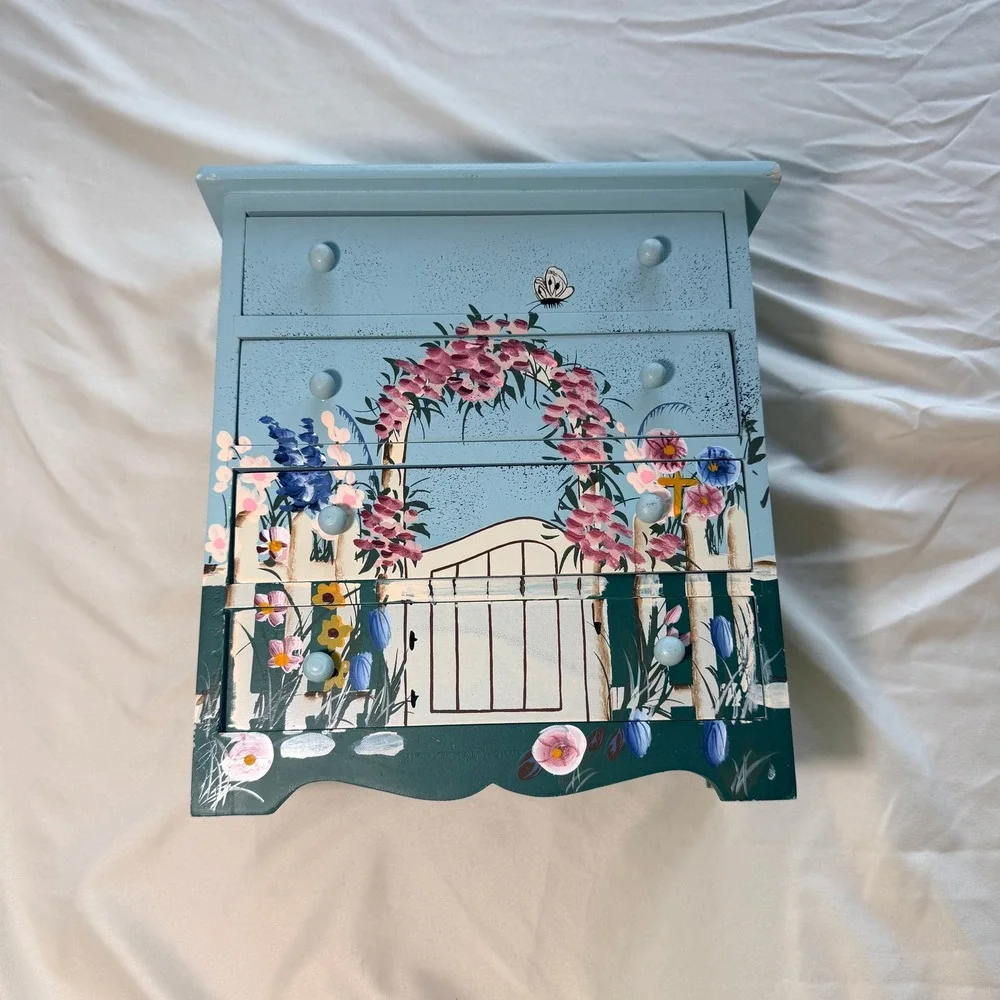 Hand Painted Wooden Jewelry Chest 4 Drawer Floral Garden Picket Fence Blue Box